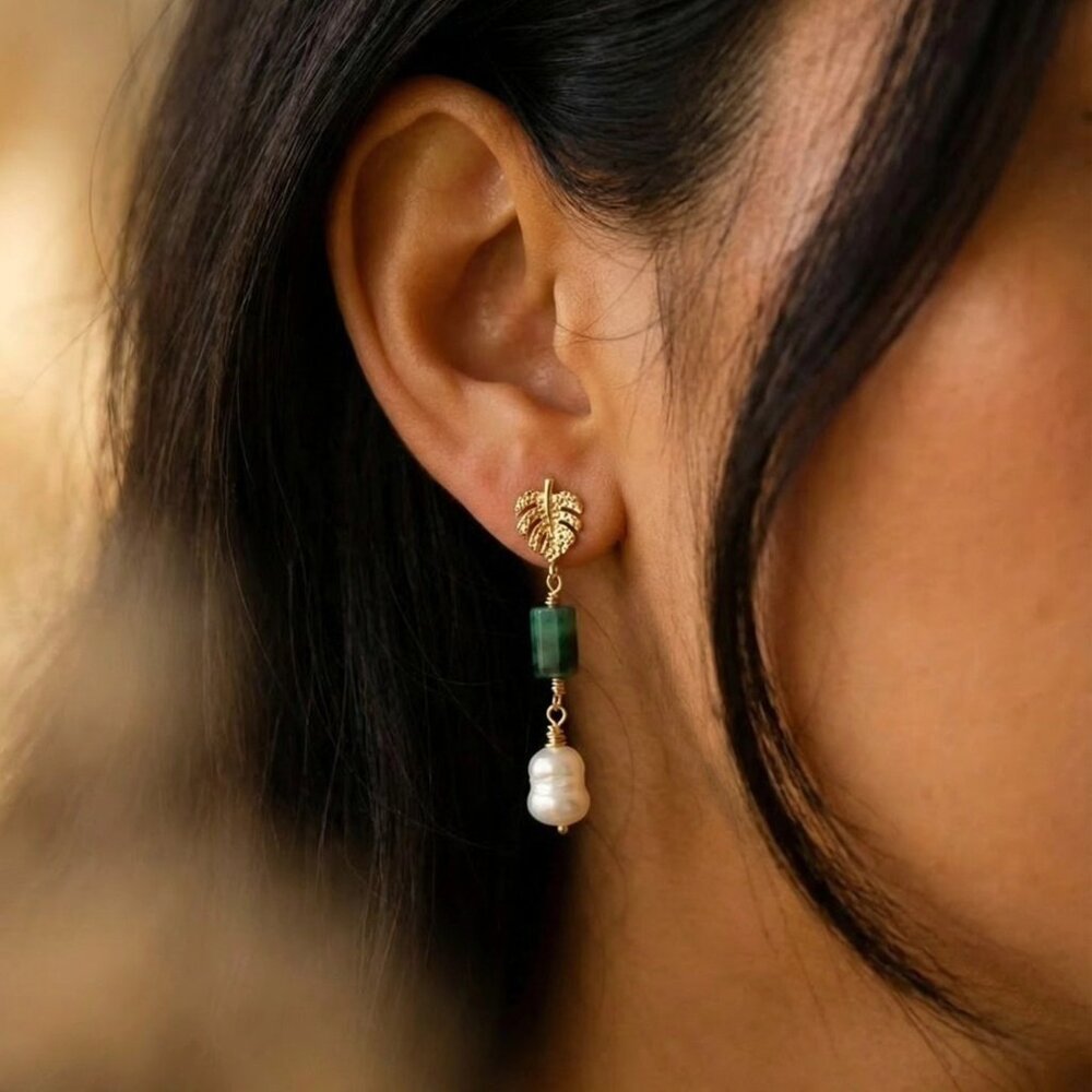 Natural Emerald Earrings Freshwater Pearl drop earrings Dainty  Stacking
